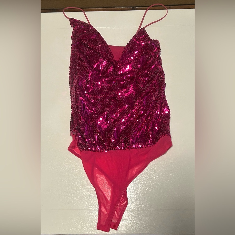 Sequin Hot Pink Scoop Neck Bodysuit